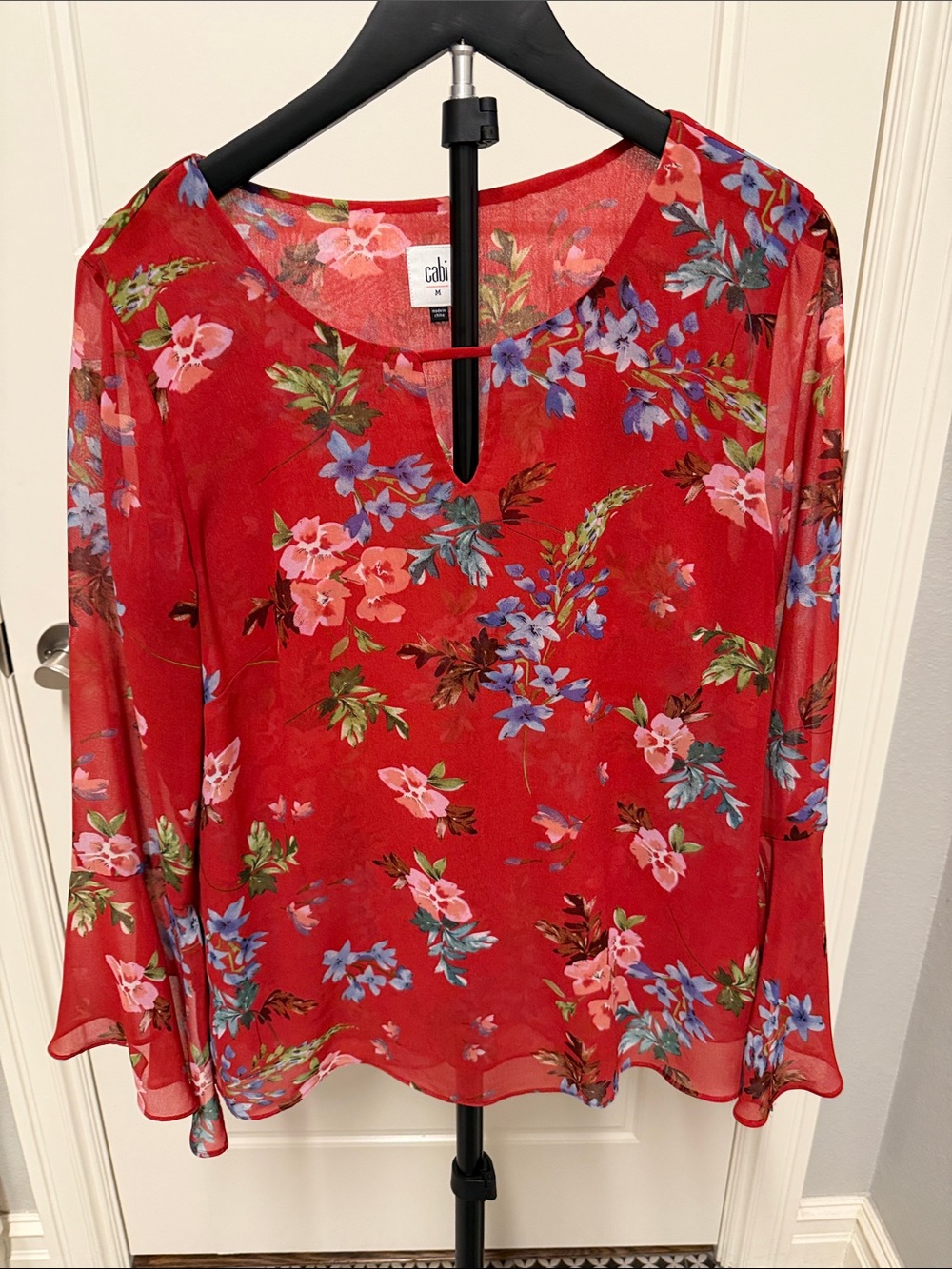 CAbi Red Floral Keyhole Long-Sleeve Blouse
